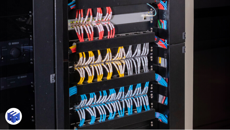 NBR 14565: Imagem de um rack de rede com cabeamento estruturado, mostrando várias fileiras de cabos de rede organizados horizontalmente em painéis de conexão. Os cabos estão agrupados por cores, como vermelho, azul e amarelo, indicando diferentes funções ou redes dentro do sistema. A organização dos cabos reflete uma instalação profissional e bem planejada, ideal para ambientes corporativos e comerciais onde a performance e a flexibilidade da rede são essenciais.