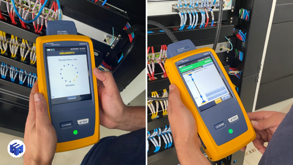 Profissional da A3A Engenharia de Sistemas realizando certificação de rede. A imagem é dividida ao meio. À esquerda o certificador está processando, à direita o certificador mostra a tela de certificação completa - troubleshooting de rede