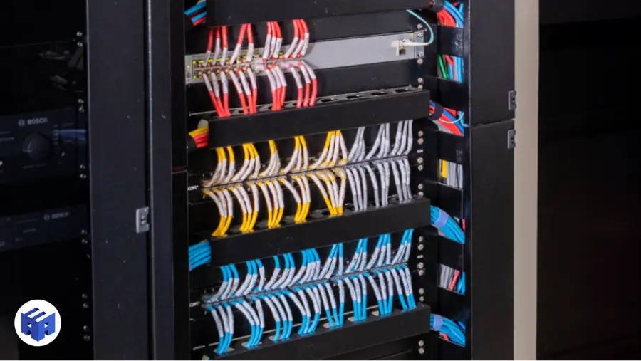 Imagem de um rack de rede com cabeamento estruturado, mostrando várias fileiras de cabos de rede organizados horizontalmente em painéis de conexão. Os cabos estão agrupados por cores, como vermelho, azul e amarelo, indicando diferentes funções ou redes dentro do sistema. A organização dos cabos reflete uma instalação profissional e bem planejada, ideal para ambientes corporativos e comerciais onde a performance e a flexibilidade da rede são essenciais.