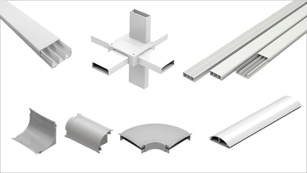 Variedade de canaletas para cabeamento estruturado conforme a norma NBR 16415;