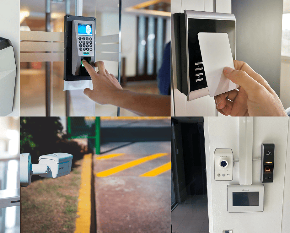 Imagem mostrando os principais tipos de controle de acesso físico: biometria, monitoramento, cartões de acesso e dispositivos moveis