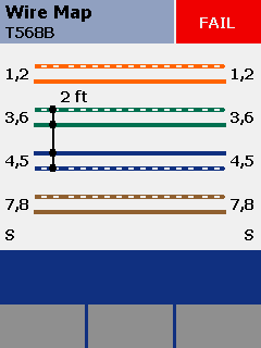 Captura de tela de um teste de pinagem exibido em um certificador de rede, indicando um ‘curto-circuito’ entre os condutores, conforme indicado por ‘FAIL' (falha)