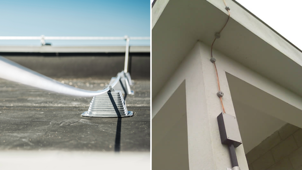 Fotos de dois edifícios com um Sistema de Proteção contra Descargas Atmosféricas (SPDA) instalado, destacando os condutores de descida que são cabos metálicos instalados verticalmente ao longo da parede do edifício para conduzir a descarga elétrica de forma segura até o solo.