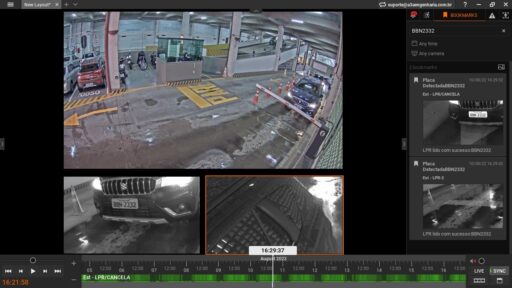 Screenshot da interface de um software de gerenciamento de video (VMS) mostrando o processo de leitura de placas veículares (LPR).