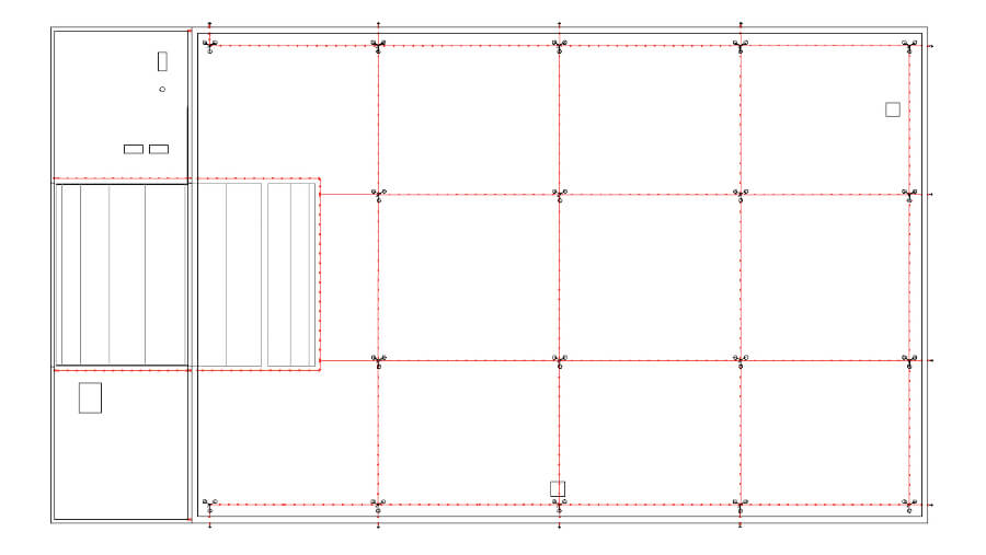 Exemplo de Planta baixa representando o subsistema de captação, destacando os condutores, pontos de captação e localização das descidas.