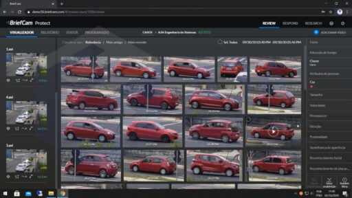 Screenshot da inteface de uma plataforma de análise de vídeo, o BriefCam. Na imagem, está sendo realizada uma busca por veículos vermelhos, como uma forma de ilustrar que a busca forense minimiza os tempos de investigação.