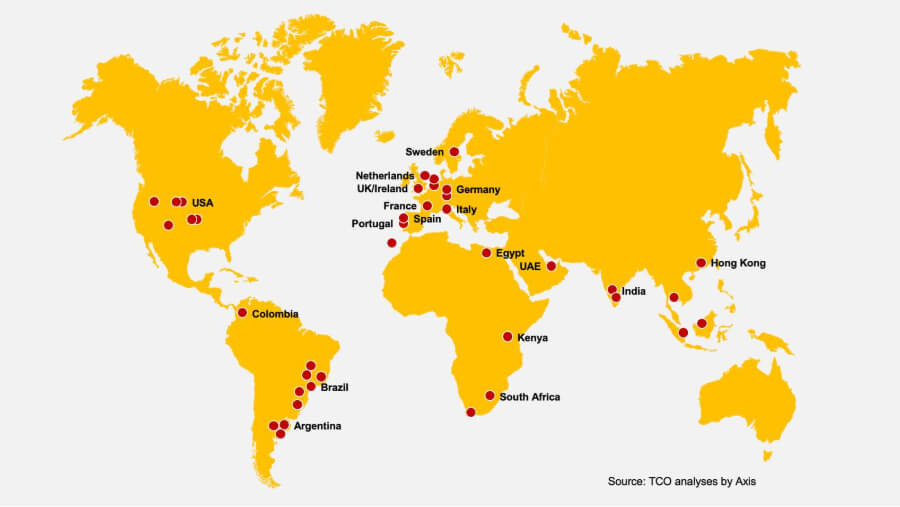 Mapa-múndi em amarelo com pontos vermelhos marcando os países onde foram conduzidas análises de TCO em projetos de videomonitoramento. As marcações incluem Estados Unidos, Colômbia, Brasil, Argentina, diversos países da Europa (como Espanha, França, Alemanha, Suécia, Itália), além de Egito, Quênia, África do Sul, Emirados Árabes Unidos, Índia e Hong Kong. Fonte: TCO analyses by Axis.