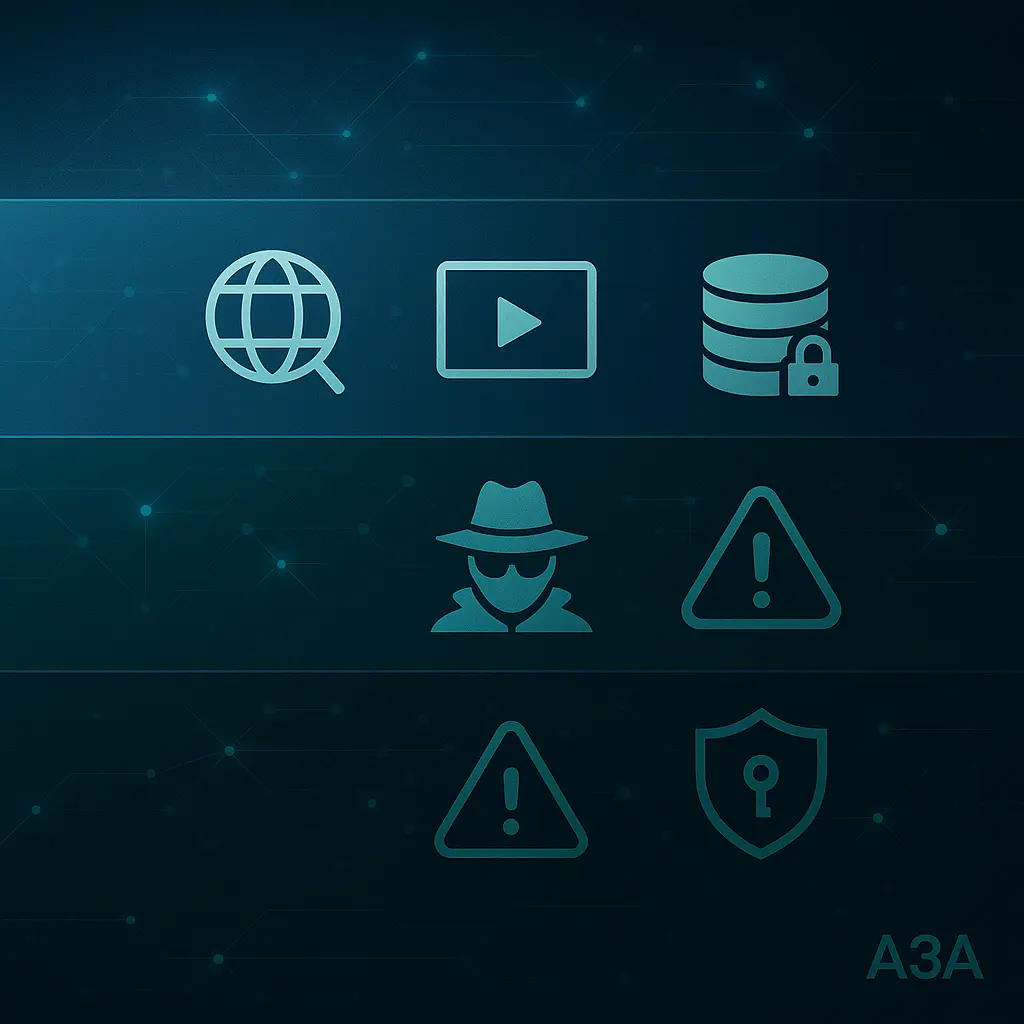 Banner visual mostrando camadas da internet, incluindo Surface Web, Deep Web e Dark Web, com elementos gráficos de anonimato, criptografia e riscos, identidade visual A3A Engenharia de Sistemas.
dark-web-arquitetura-camadas-a3a.webp).