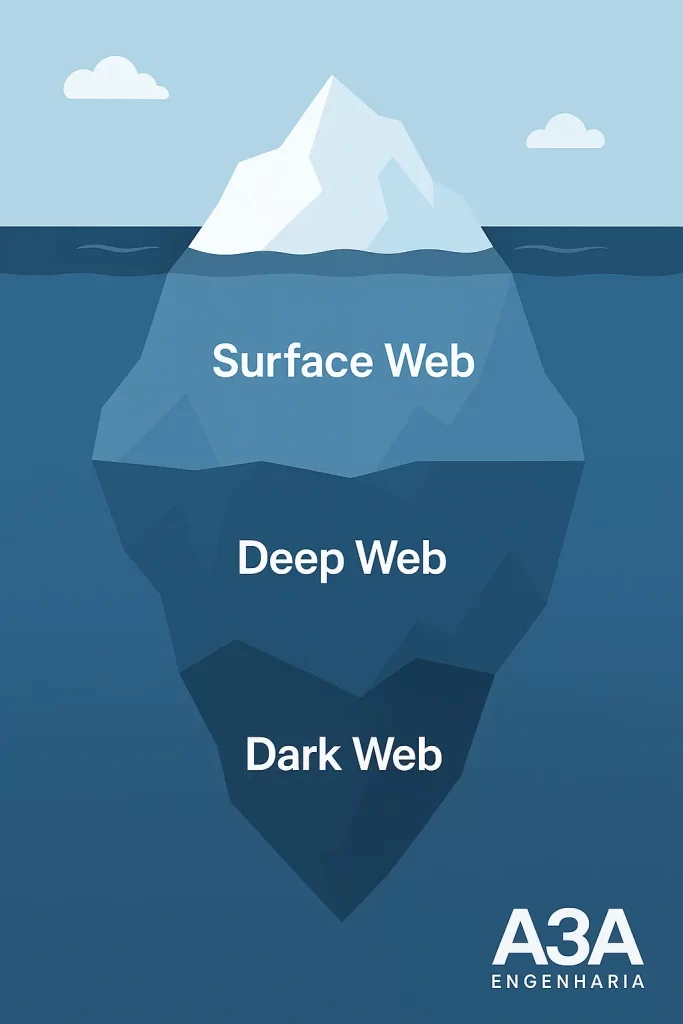 Estrutura das camadas da Web mostrando Surface Web, Deep Web e Dark Web, níveis de acesso e anonimato.
(Opcional para SEO: “Diagrama técnico Dark Web Surface Deep A3A Engenharia de Sistemas”)