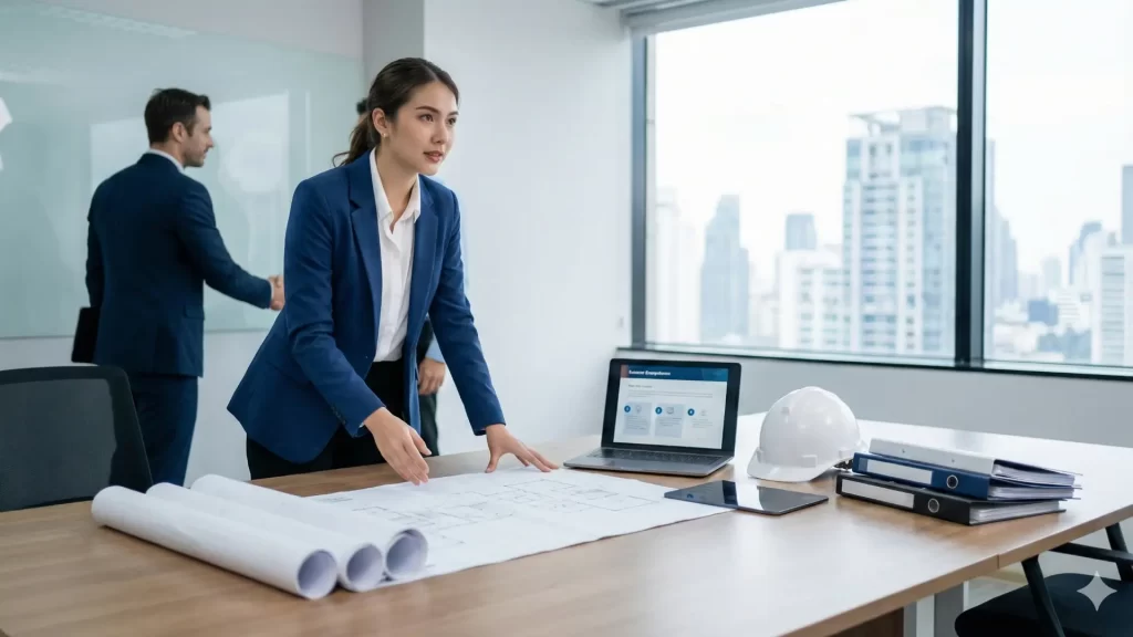 Engenheira apresentando um projeto.
Plantas na mesa, capacetes, pastas e um LapTop.
Em uma sala de Diretoria da empresa.